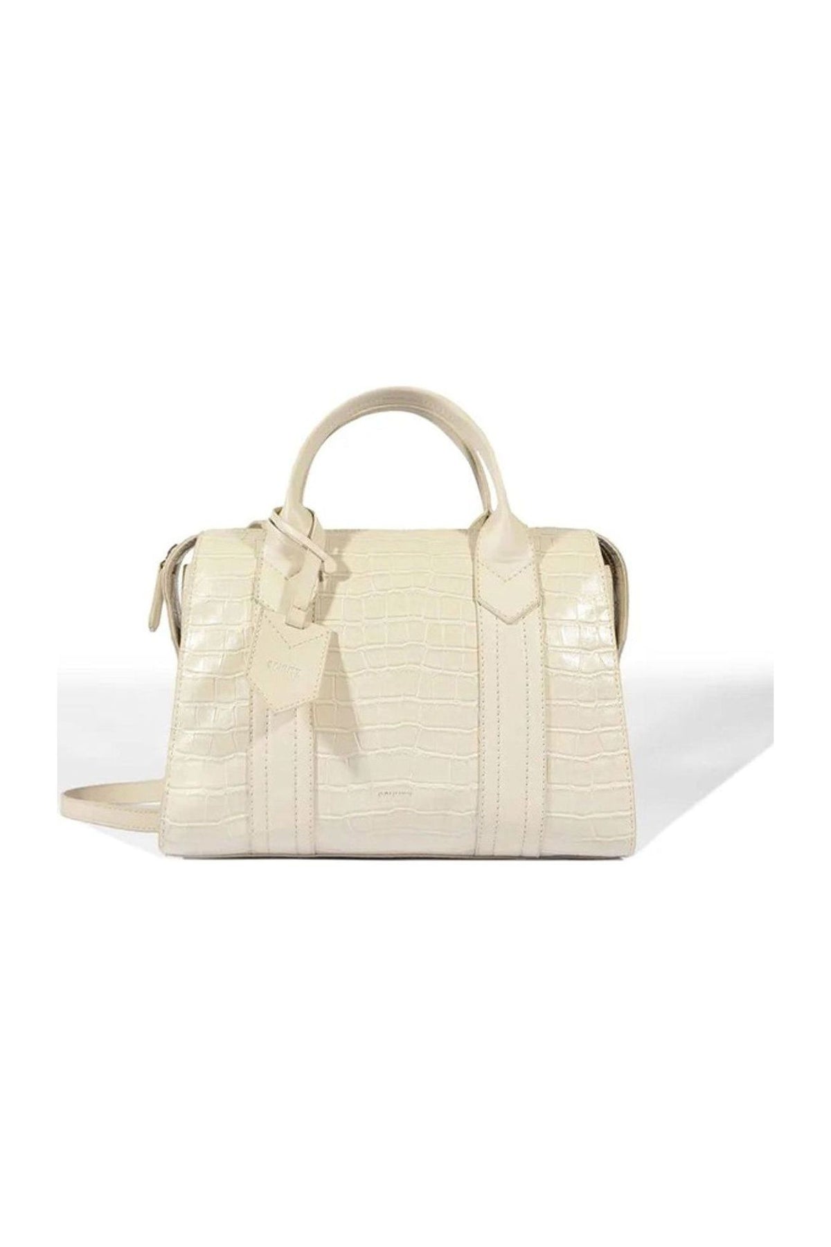 Bolsa Schutz Bowling Nay branca em couro croco, com alça de mão e alça transversal, vista de frente Imagem principal do produto