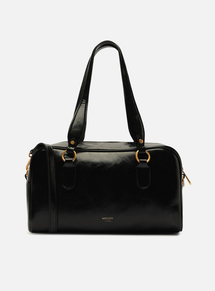 Bolsa Arezzo Bowling preta de couro brilhante com logo dourado discreto na frente
