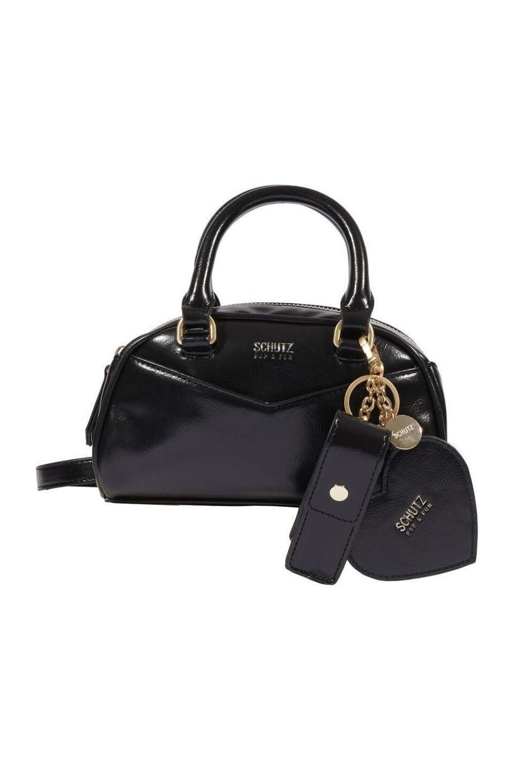 Bolsa Bowling Preta Pequena Schutz em verniz preto, com alça de mão, alça transversal e chaveiro dourado em formato de coraçã Imagem principal do produto