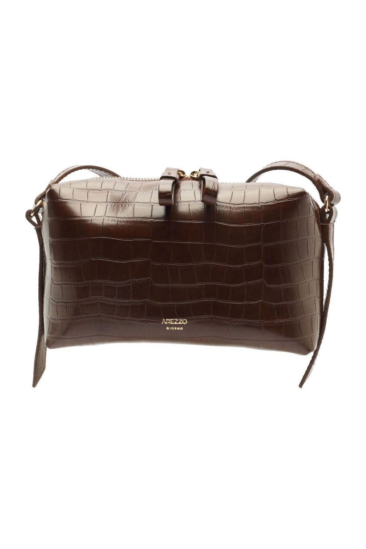 Bolsa Arezzo Croco marrom pequena, frente com textura de croco e logo dourado Imagem principal do produto