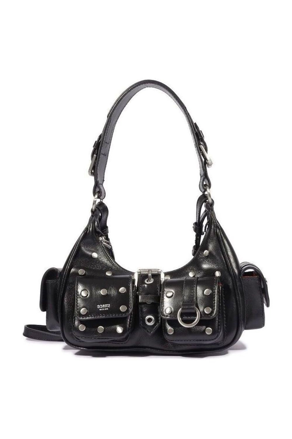 Bolsa Schutz Hobo Mini Lilo preta em couro com tachas, alça de ombro e bolsos frontais com fivela