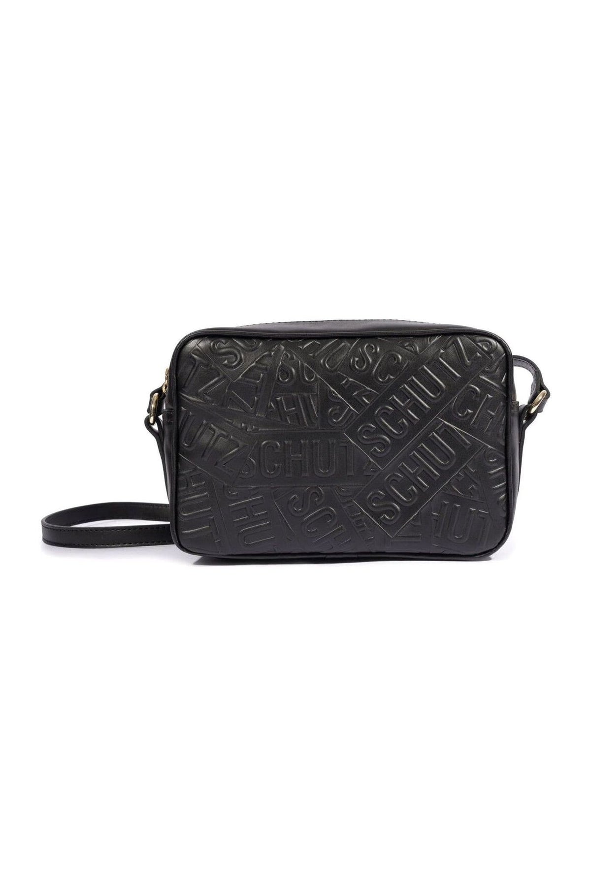 Bolsa Schutz pequena quadrada tiracolo preta com logos em relevo, vista de frente e alça fina Imagem principal do produto