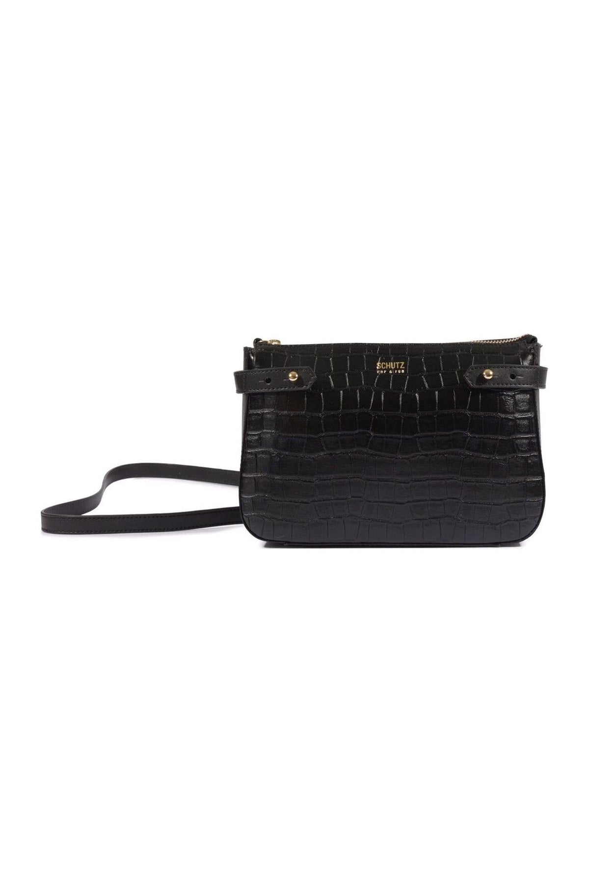 Bolsa Schutz pequena tiracolo em couro croco preto, com alça longa e fecho dourado, vista de frente Imagem principal do produto