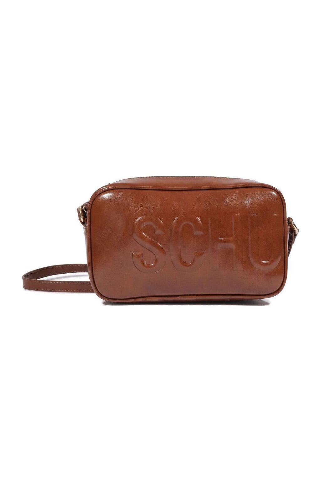 Bolsa Schutz pequena tiracolo marrom com logo SCHU em relevo, alça longa de couro, vista frontal