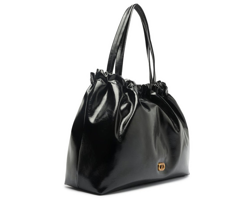 Bolsa Anacapri Shopping Grande Ruched preta vista de lado, com franzido na boca e fecho dourado
