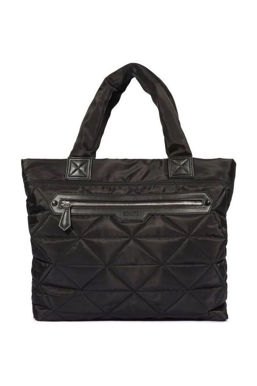 Bolsa Schutz Shopping Nylon Preta S em tom preto, frente com alças altas, zíper frontal e textura acolchoada em losangos. Imagem principal do produto