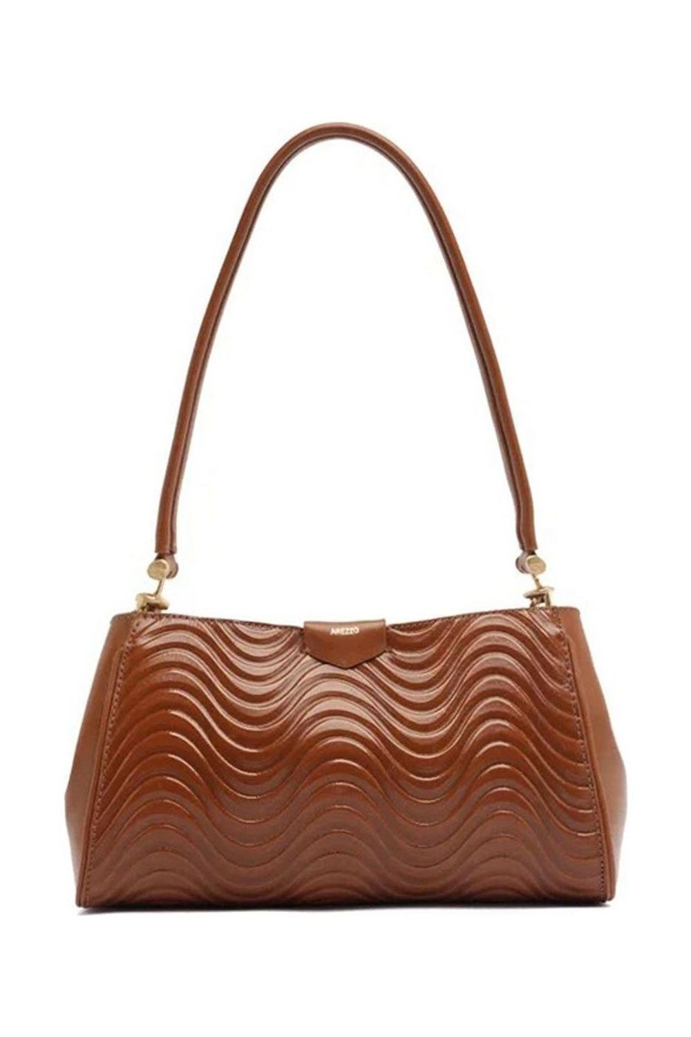 Bolsa Shoulder Arezzo Wave Média marrom em couro com textura ondulada, alça de mão e fecho dourado