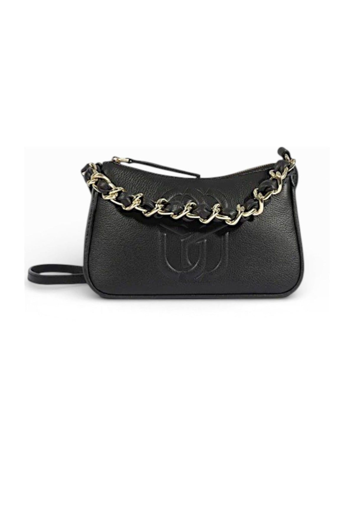 Bolsa tiracolo Schutz Daphne preta com corrente dourada entrelaçada e logo em relevo na frente