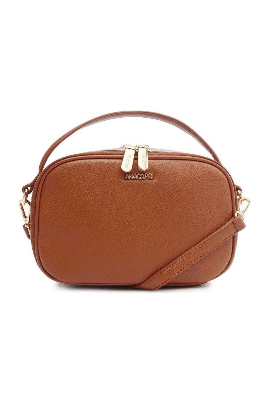 Bolsa tiracolo média Anacapri marrom com alça redonda, frente com fecho dourado e logo da marca Imagem principal do produto