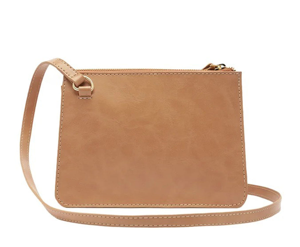Bolsa tiracolo Anacapri Boho bege vista de trás, lisa, com alça fina de couro e zíper superior