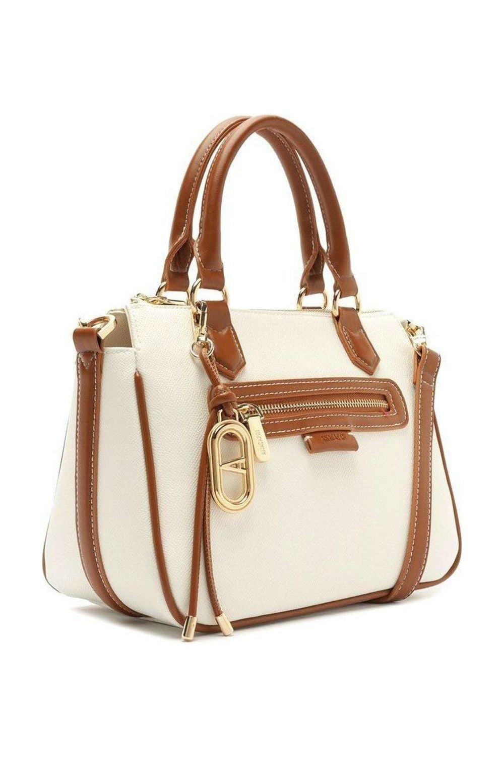 Bolsa tiracolo média estruturada Anacapri Charm Cadarço branca com alças e acabamentos em caramelo e detalhes dourados, vista
