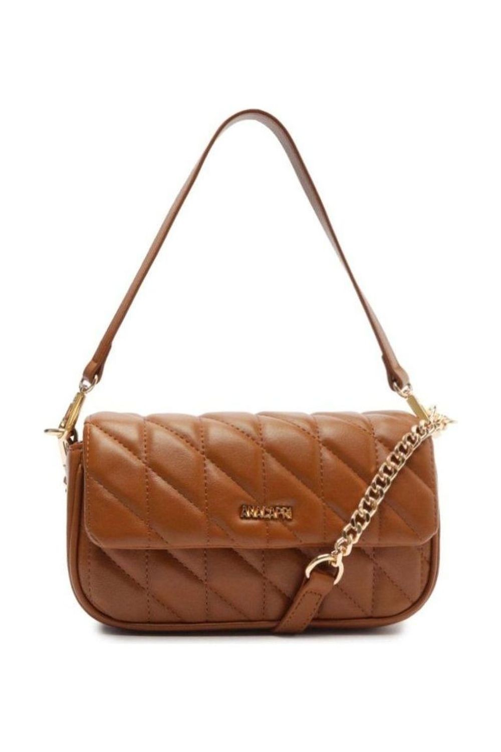 Bolsa Anacapri tiracolo média matelassê marrom com alça de mão e corrente dourada Imagem principal do produto