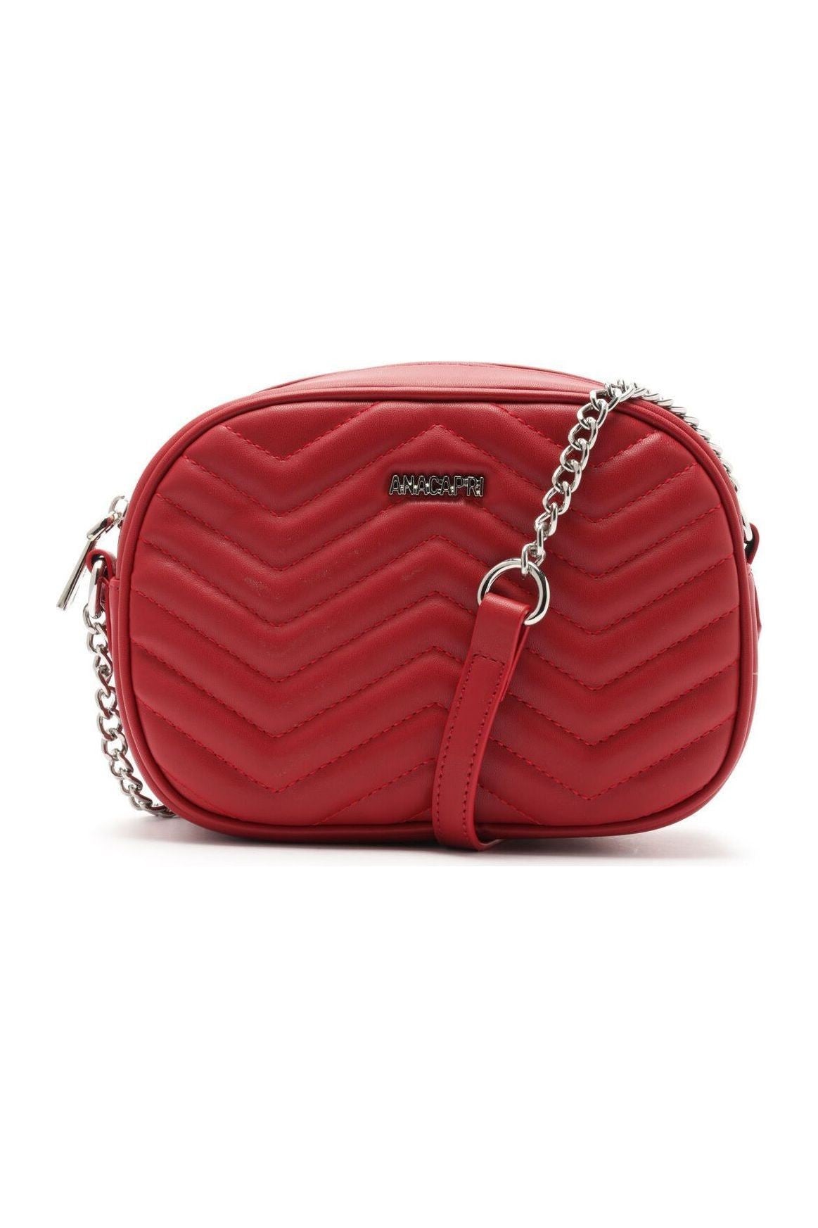 Bolsa tiracolo média Anacapri matelassê zig zag vermelha, com alça de corrente prateada, vista de frente Imagem principal do produto