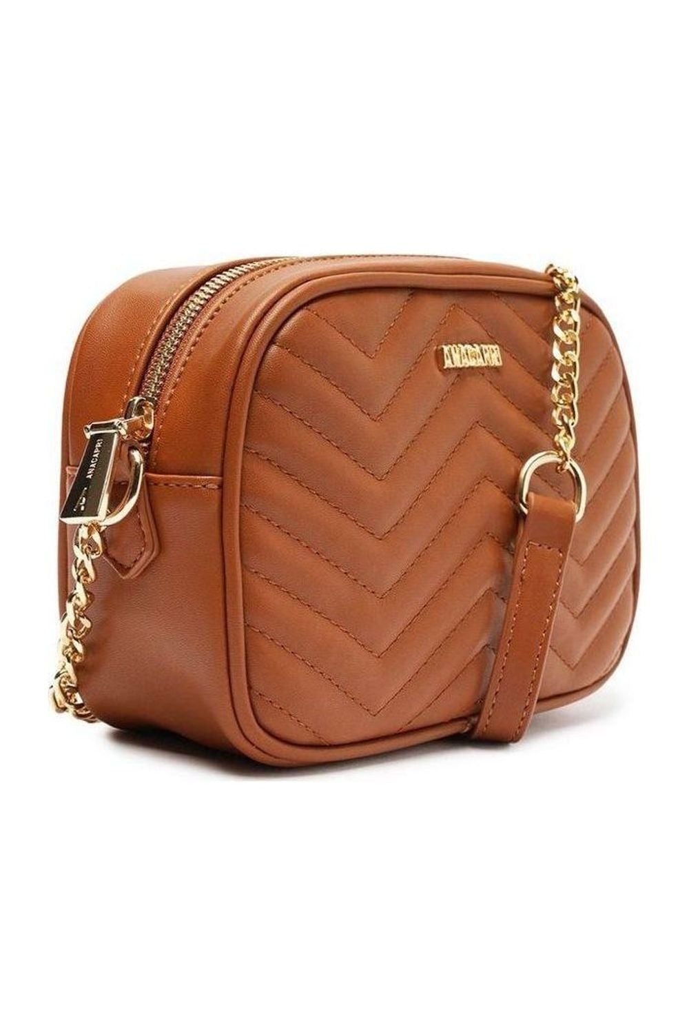 Bolsa tiracolo média Anacapri matelassê zig zag marrom em vista lateral com alça de corrente dourada