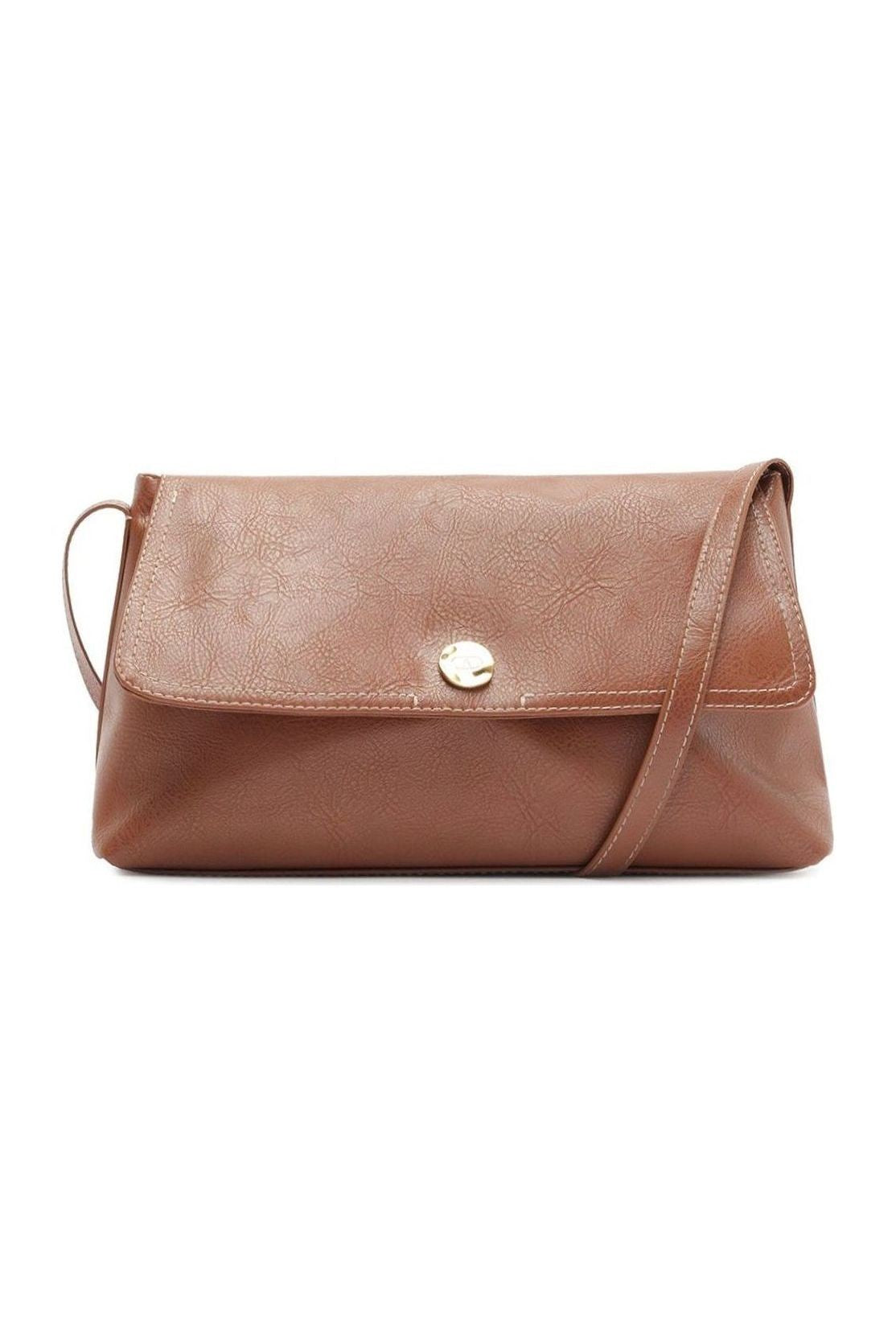 Bolsa tiracolo Anacapri Rústica marrom caramelo, vista frontal com aba e fecho dourado