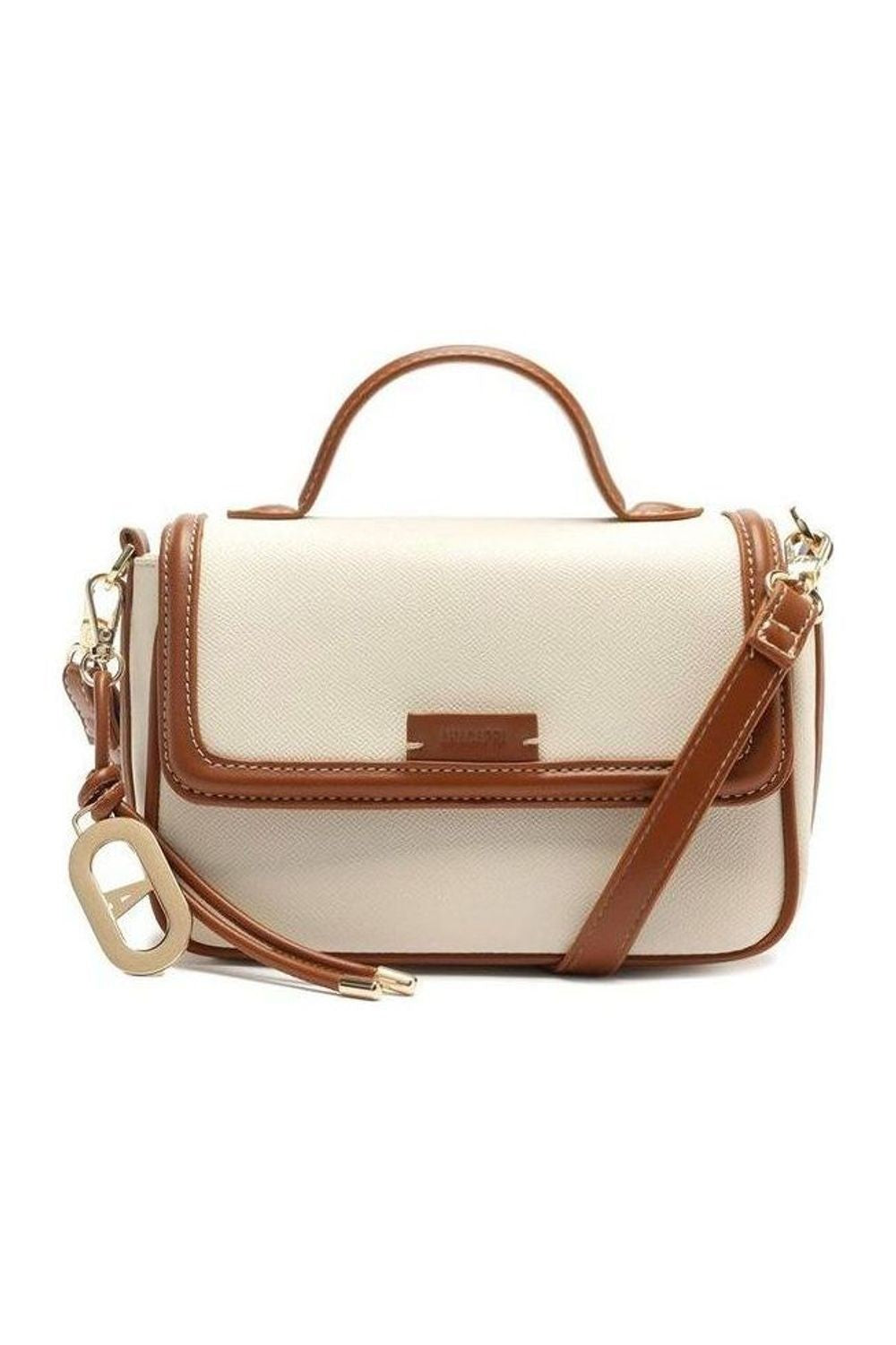 Bolsa tiracolo Anacapri Maleta Charm em branco com acabamento caramelo, alça de mão e alça de ombro