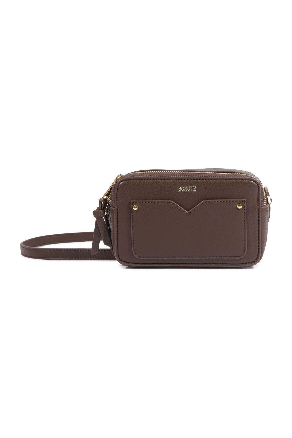 Bolsa tiracolo pequena Schutz marrom com bolso frontal e alça fina, vista de frente Imagem principal do produto