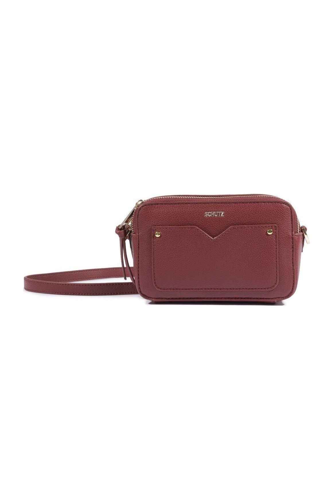 Bolsa tiracolo pequena Schutz em tom marsala, frente com bolso aplicado e logo dourado Imagem principal do produto