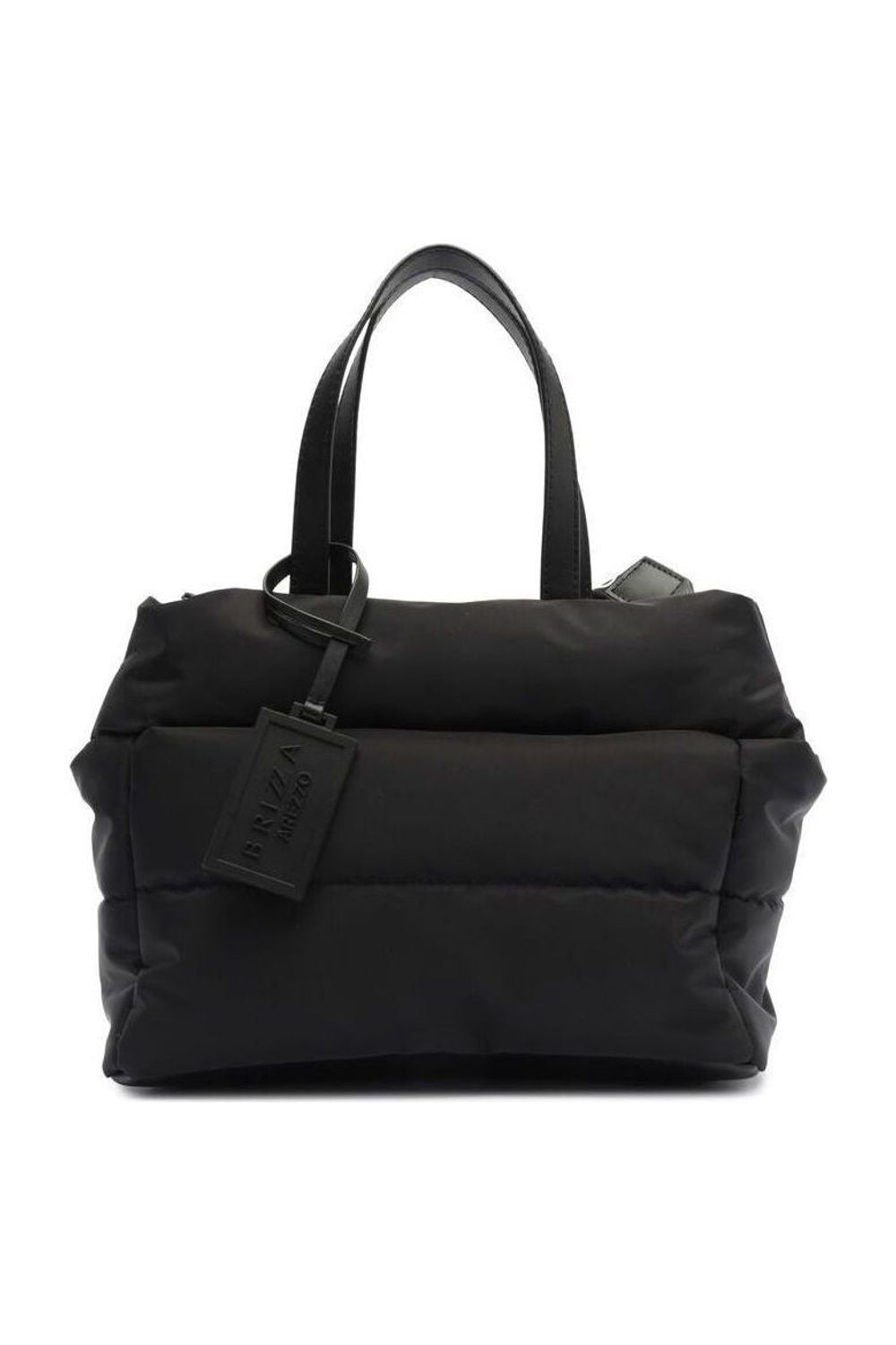 Bolsa Brizza Gigi Pequena preta de nylon acolchoado com alças de mão e etiqueta frontal, vista de frente