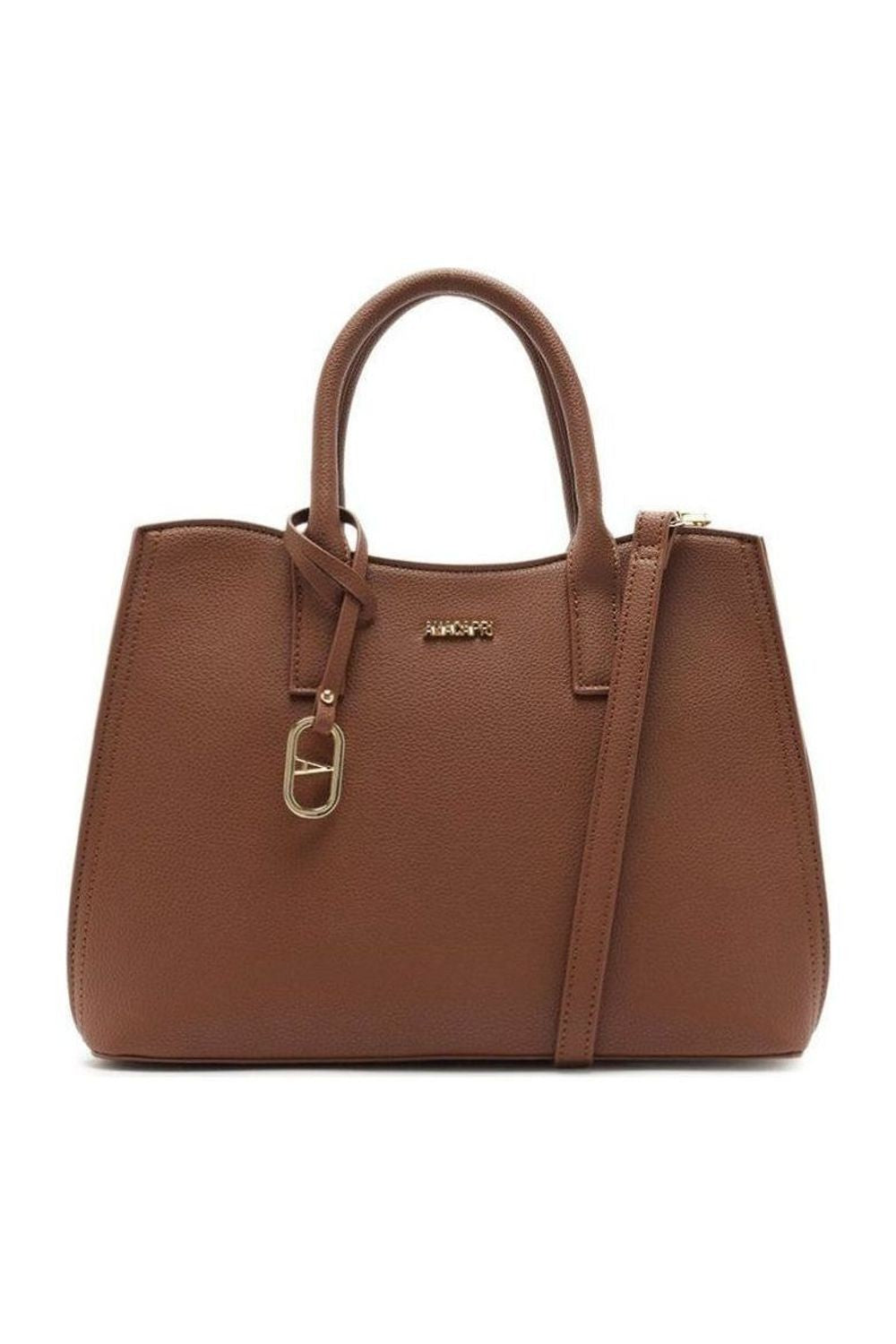 Bolsa Tote Anacapri marrom com alça de mão, alça transversal e pingente dourado, vista frontal Imagem principal do produto