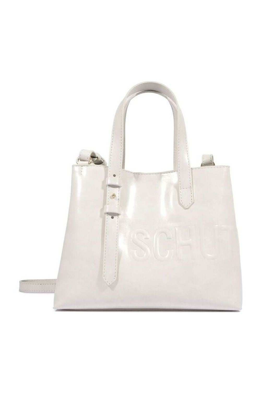 Bolsa tote média Schutz off white em couro envernizado, com alça de mão, alça transversal e logo em relevo