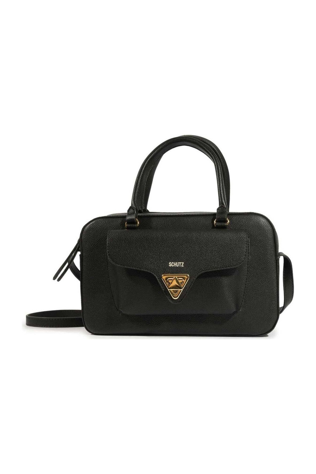 Bolsa Tote Média Schutz preta com aba frontal e fecho dourado triangular, vista de frente