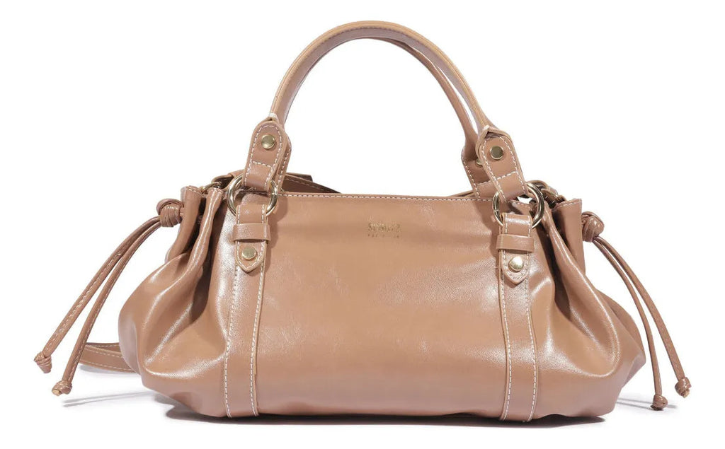Bolsa Tote Pequena Schutz bege vista de frente com alças curtas e cordões amarrados nas laterais