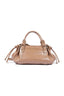 Bolsa Tote Pequena Schutz bege, frente com alças de mão, cordões laterais e fivelas douradas