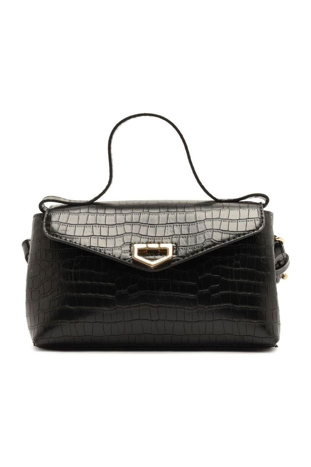 Bolsa Tote Arezzo preta pequena em couro com textura de croco, fecho dourado e alça de mão Imagem principal do produto