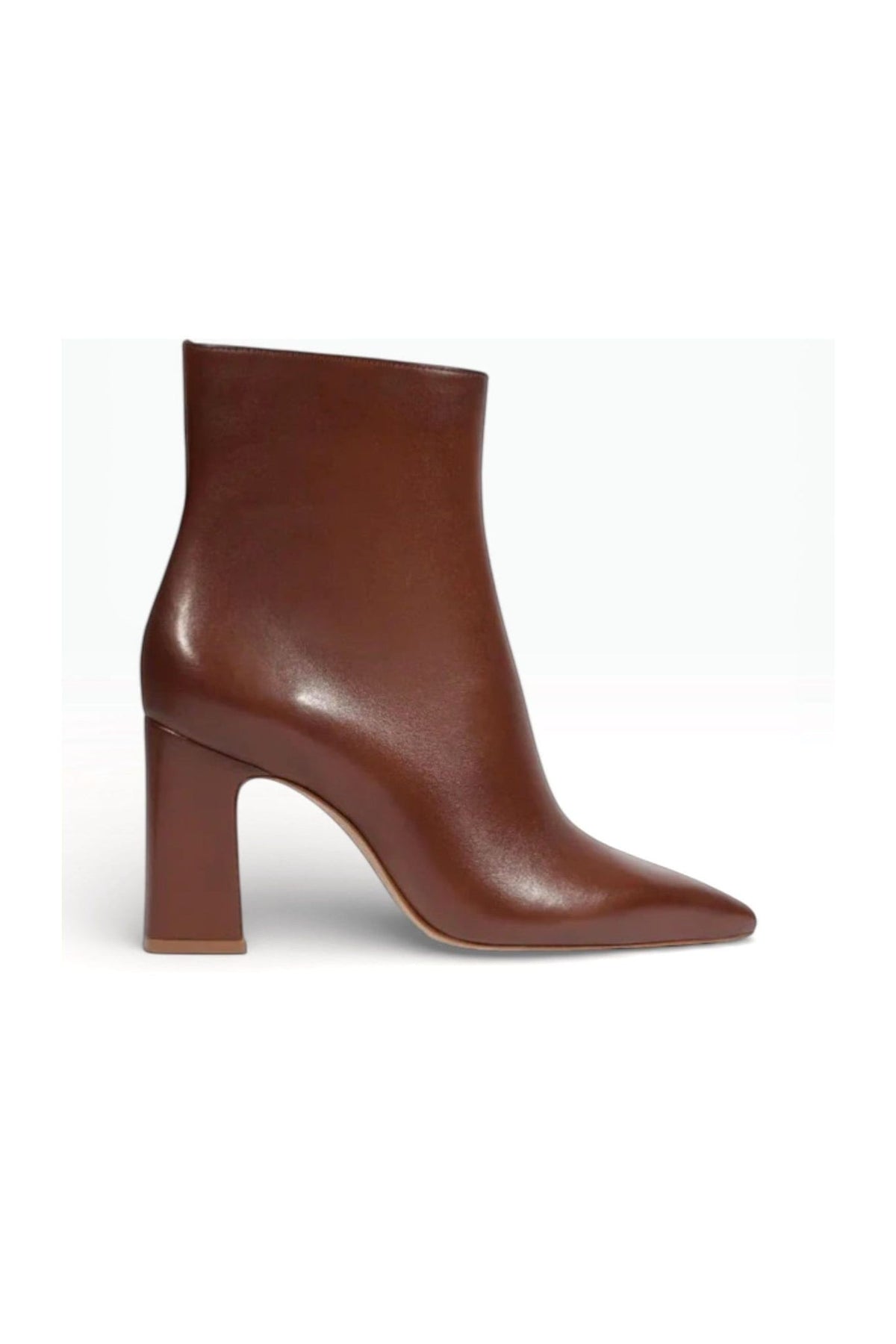 Bota Schutz Dressy de salto bloco em couro marrom, vista lateral sobre fundo branco Imagem principal do produto