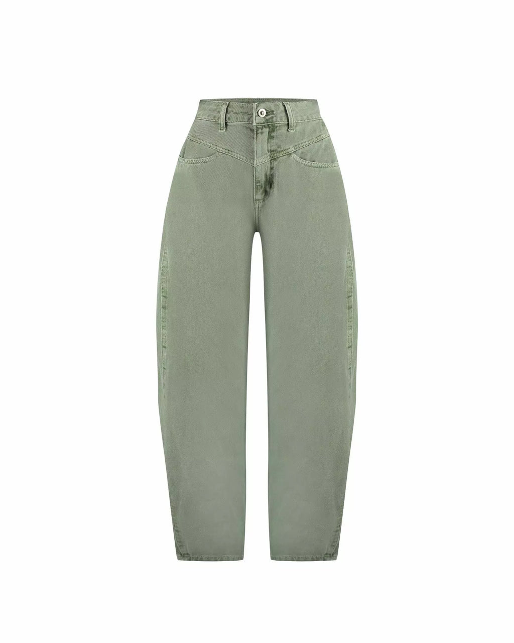 Calça Balloon Austin Alcance verde de cintura alta, pernas afuniladas e bolsos com costura em destaque, vista da frente sobre