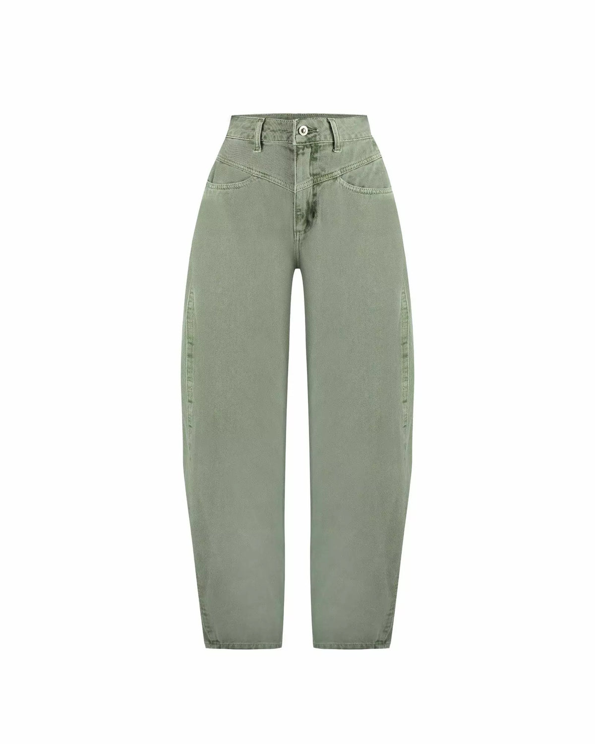 Calça Balloon Austin Alcance verde de cintura alta, pernas afuniladas e bolsos com costura em destaque, vista da frente sobre