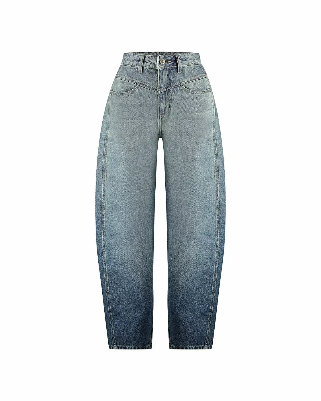 Calça jeans balloon Austin Alcance azul claro com desbotado degradê, vista frontal em fundo branco