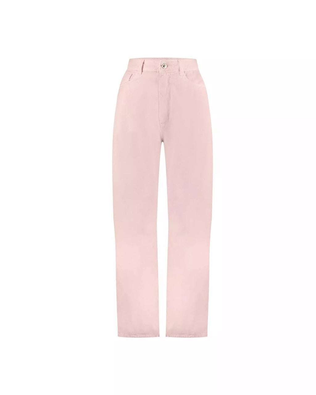 Calça Alcance New Baggy Botanic rosa de cintura alta com bolsos frontais e fecho, vista frontal do produto