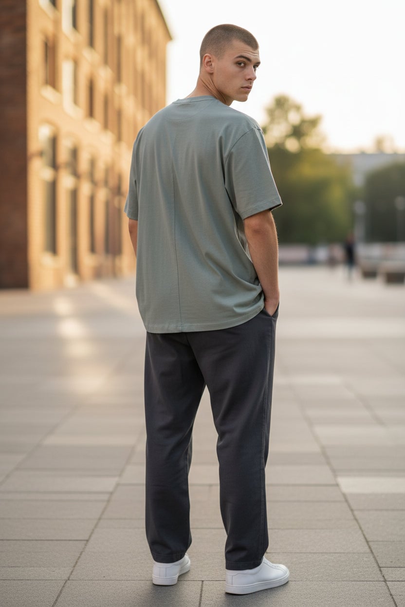 Camiseta Revanche masculina manga curta cinza claro vista de costas com calça cinza escura