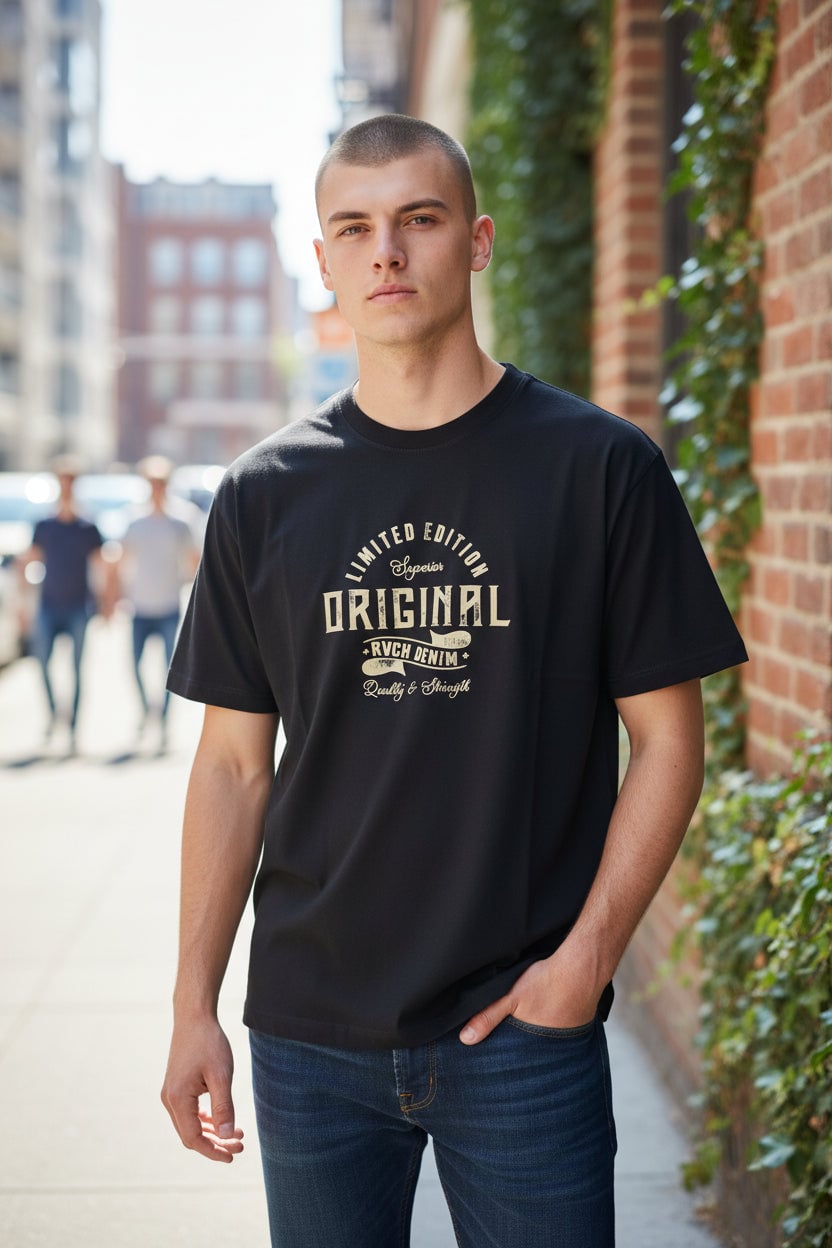 Camiseta Revanche masculina manga curta preta com estampa Limited Edition Original, vestida em modelo com jeans, em rua urban Imagem principal do produto