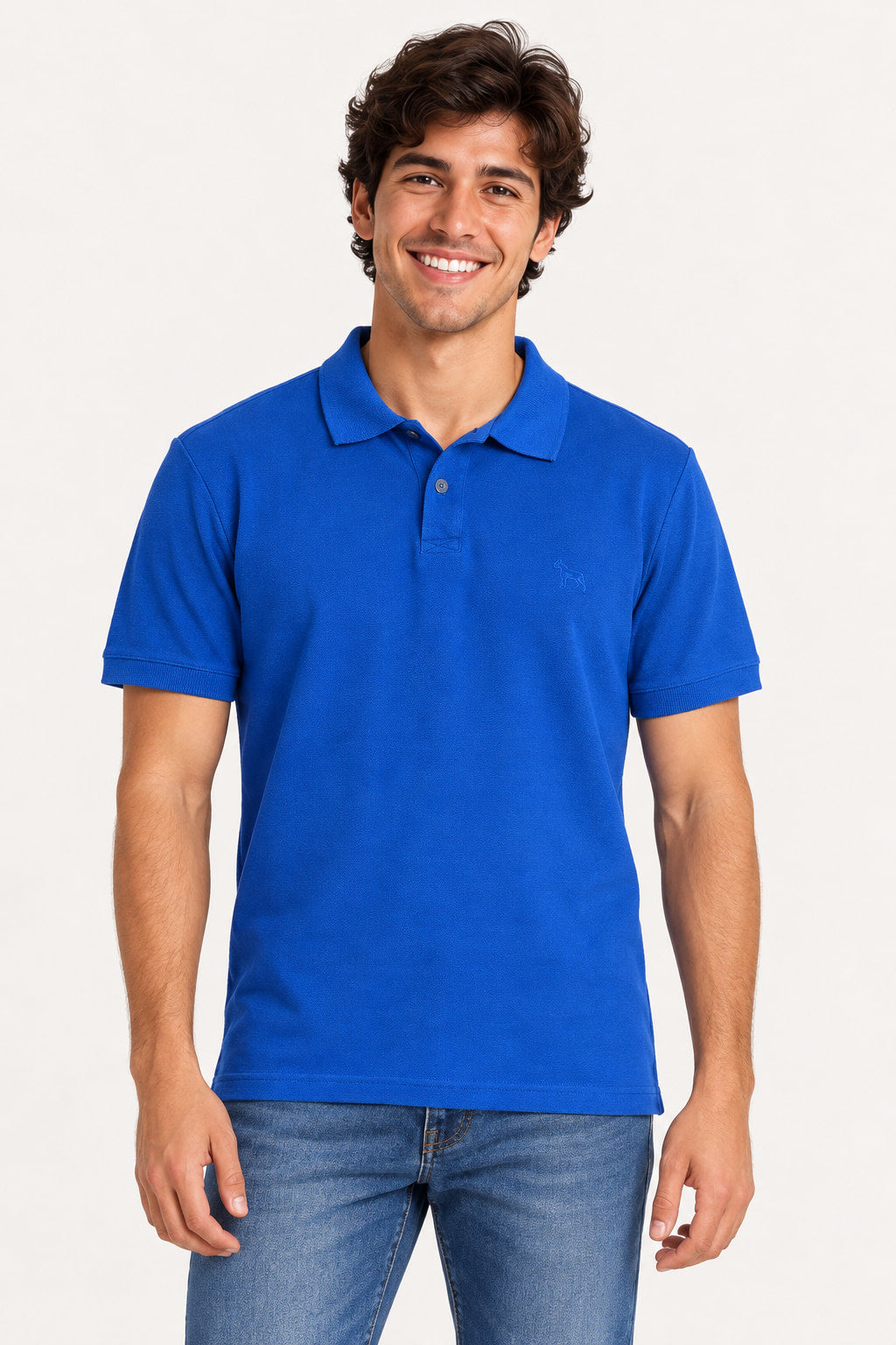 Azul | Camiseta polo masculina Revanche Esc Tint azul, vestida em modelo sorridente, com gola e botões