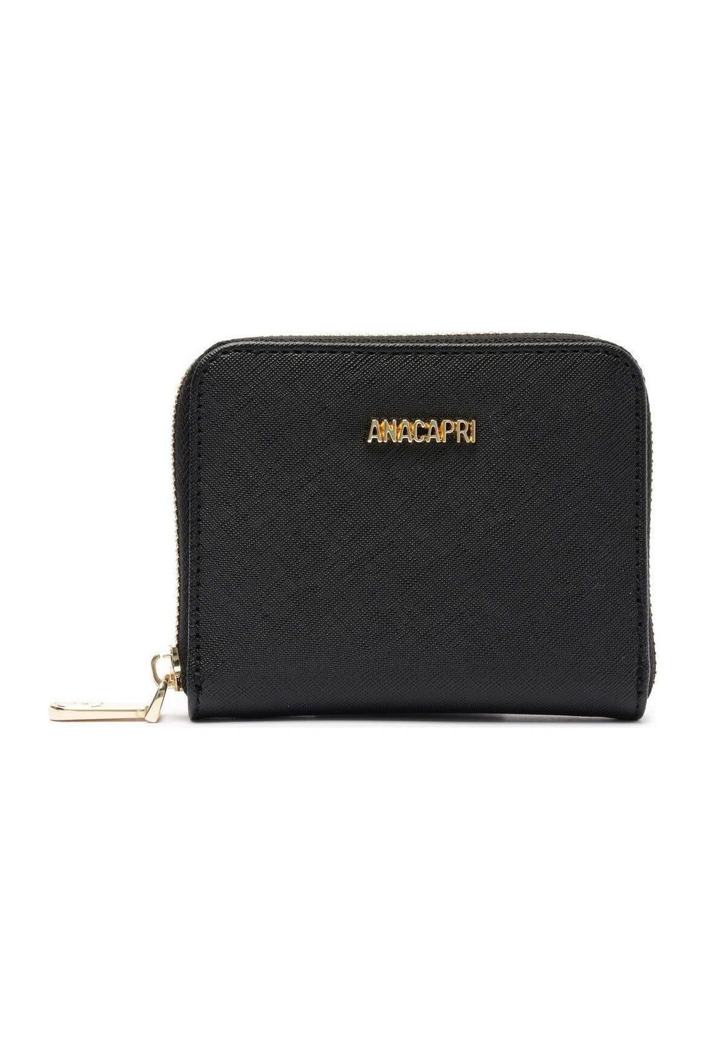 Carteira Anacapri Low preta com zíper, vista frontal com logo dourado da marca