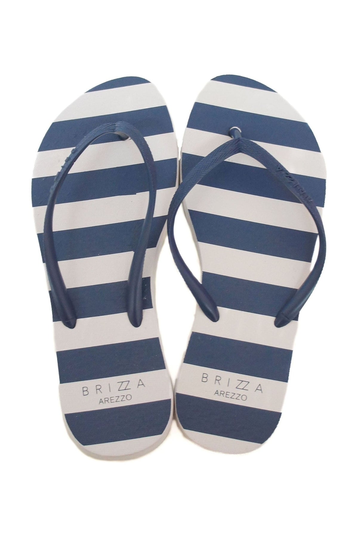 Chinelo de dedo Brizza listras azul e branco, par visto de cima com tiras azuis Imagem principal do produto