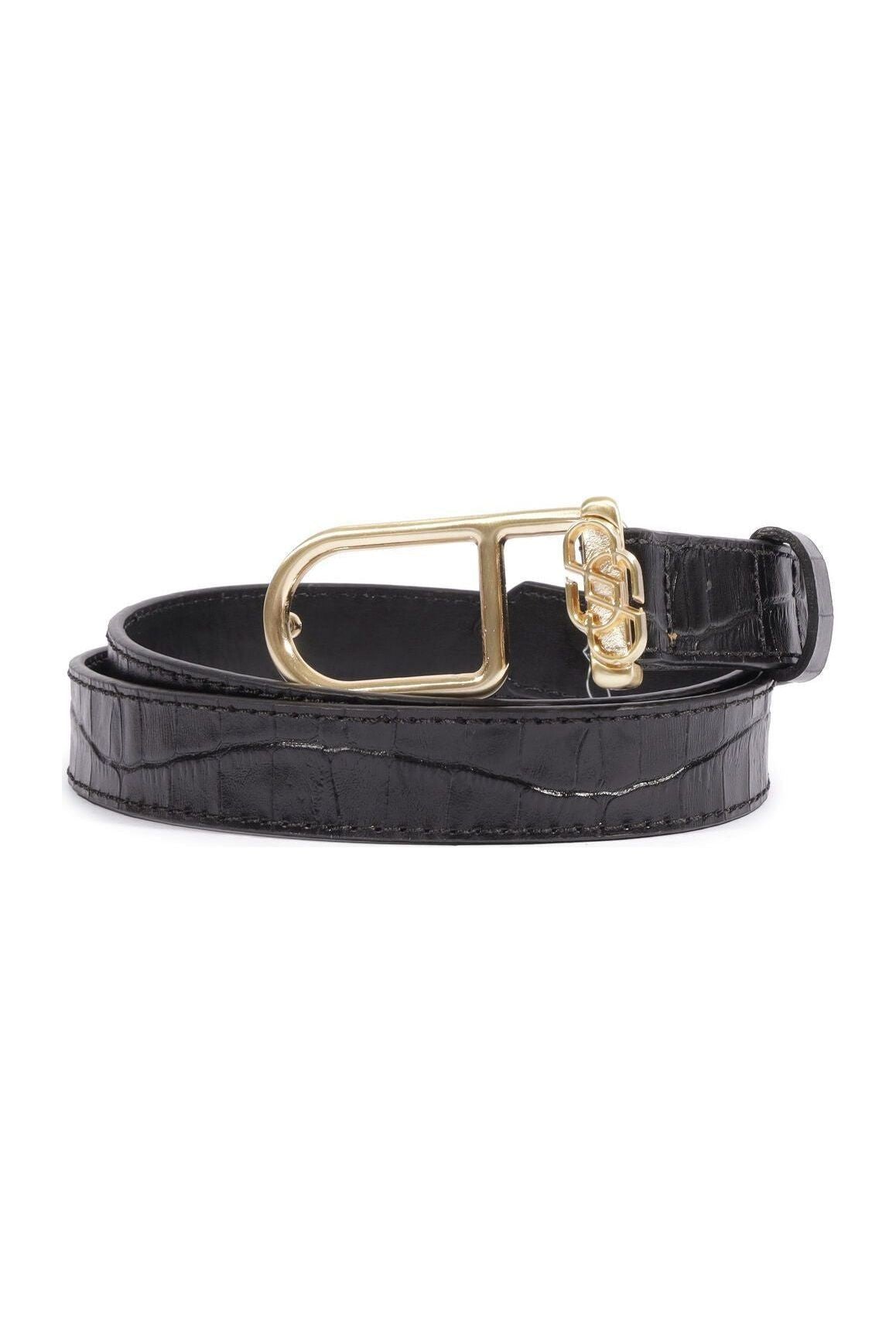 Cinto Schutz fino preto em croco com fivela dourada, enrolado, vista frontal Imagem principal do produto