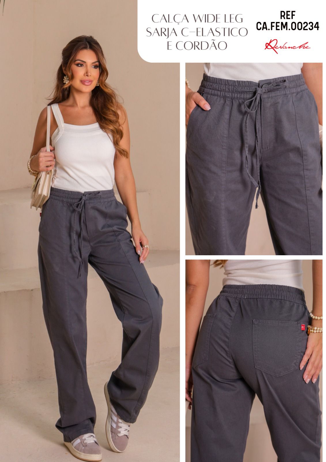 CALÇA SARJA WIDE LEG ELASTICO FEM00234 REVANCHE Imagem secundária do produto