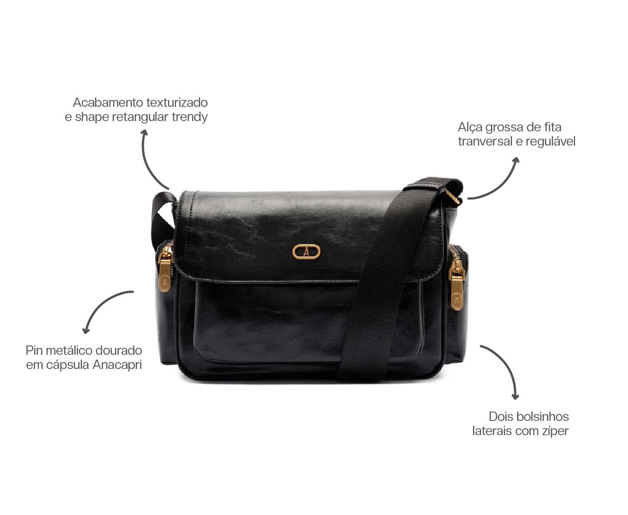 BOLSA MEDIA TIRACOLO PRETA BOLSOS LATERAIS C 50036 0076 0001 ANACAPRI Imagem secundária do produto