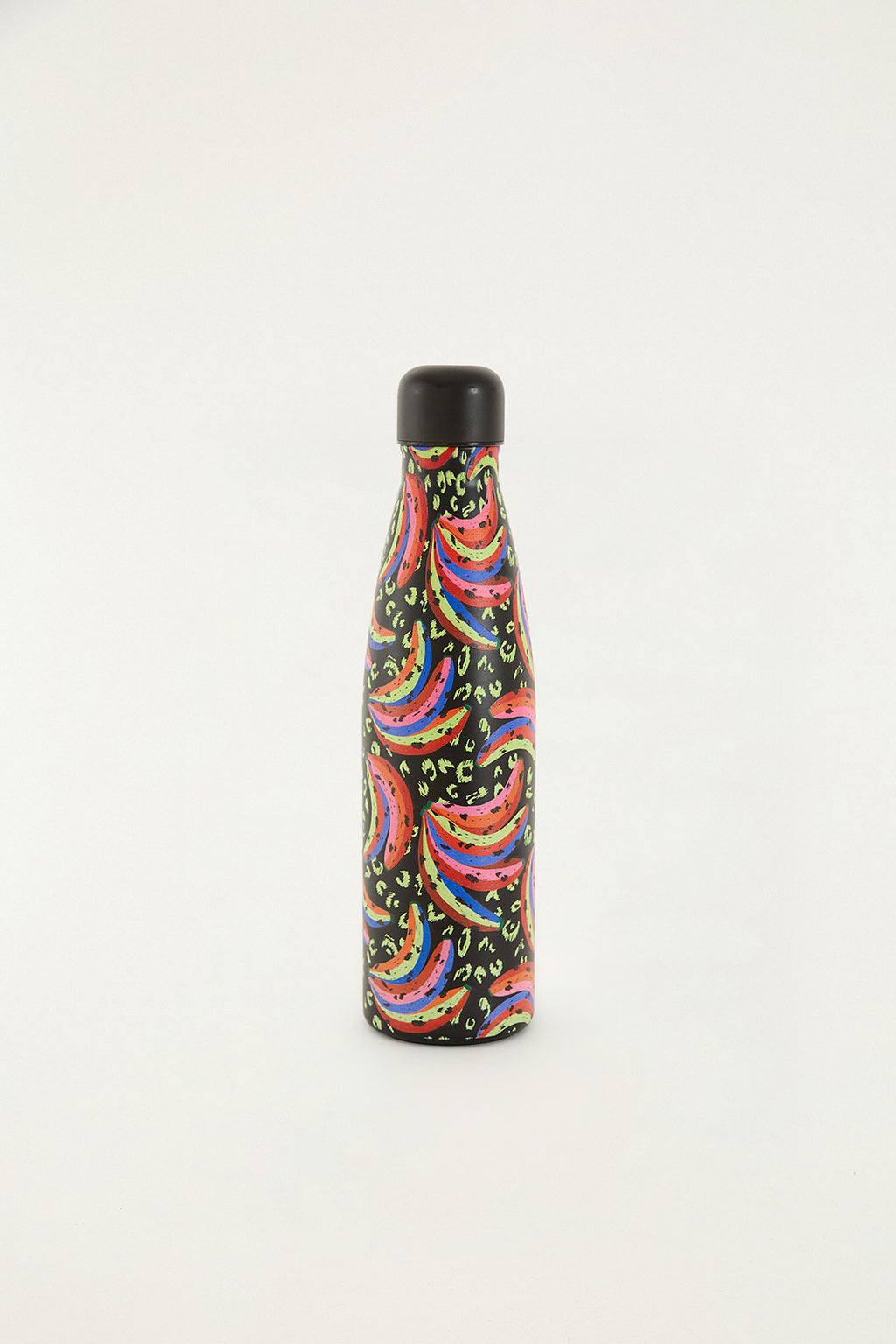 Garrafa Farm Glub Glub 500ml estampada com bananas coloridas e onça verde sobre fundo preto, vista frontal