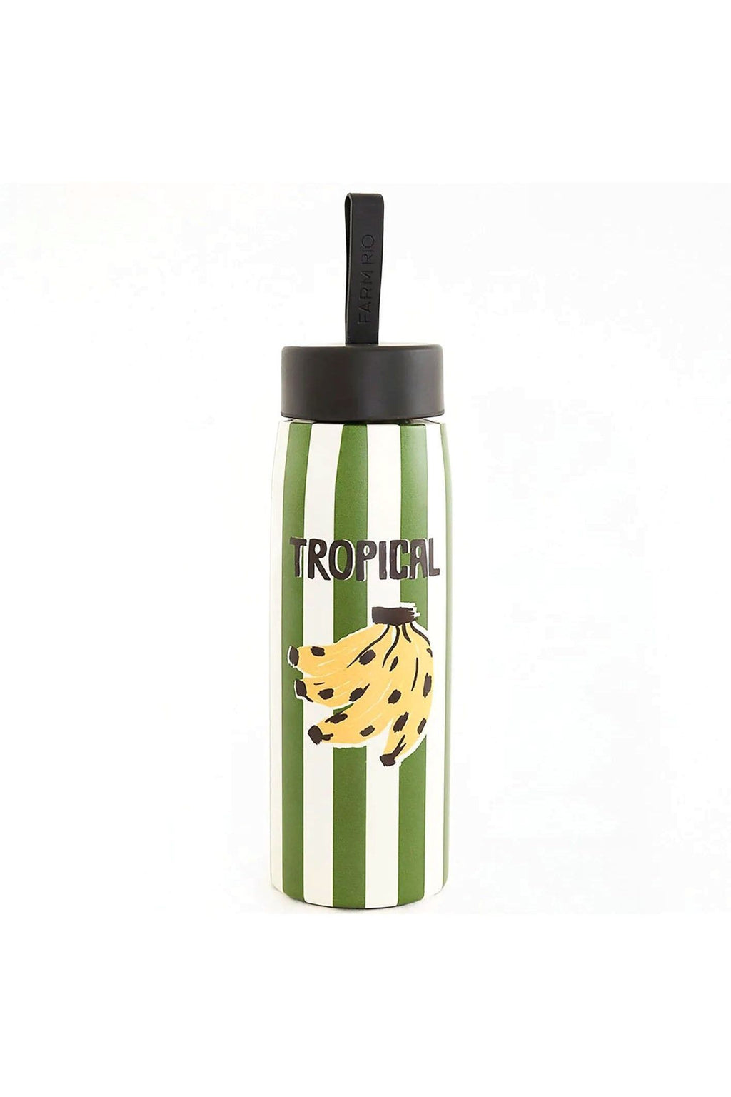 Garrafa Farm Etc Que Sede 750ml Banana Trop estampada em listras verdes e brancas com a frase Tropical e cachos de banana