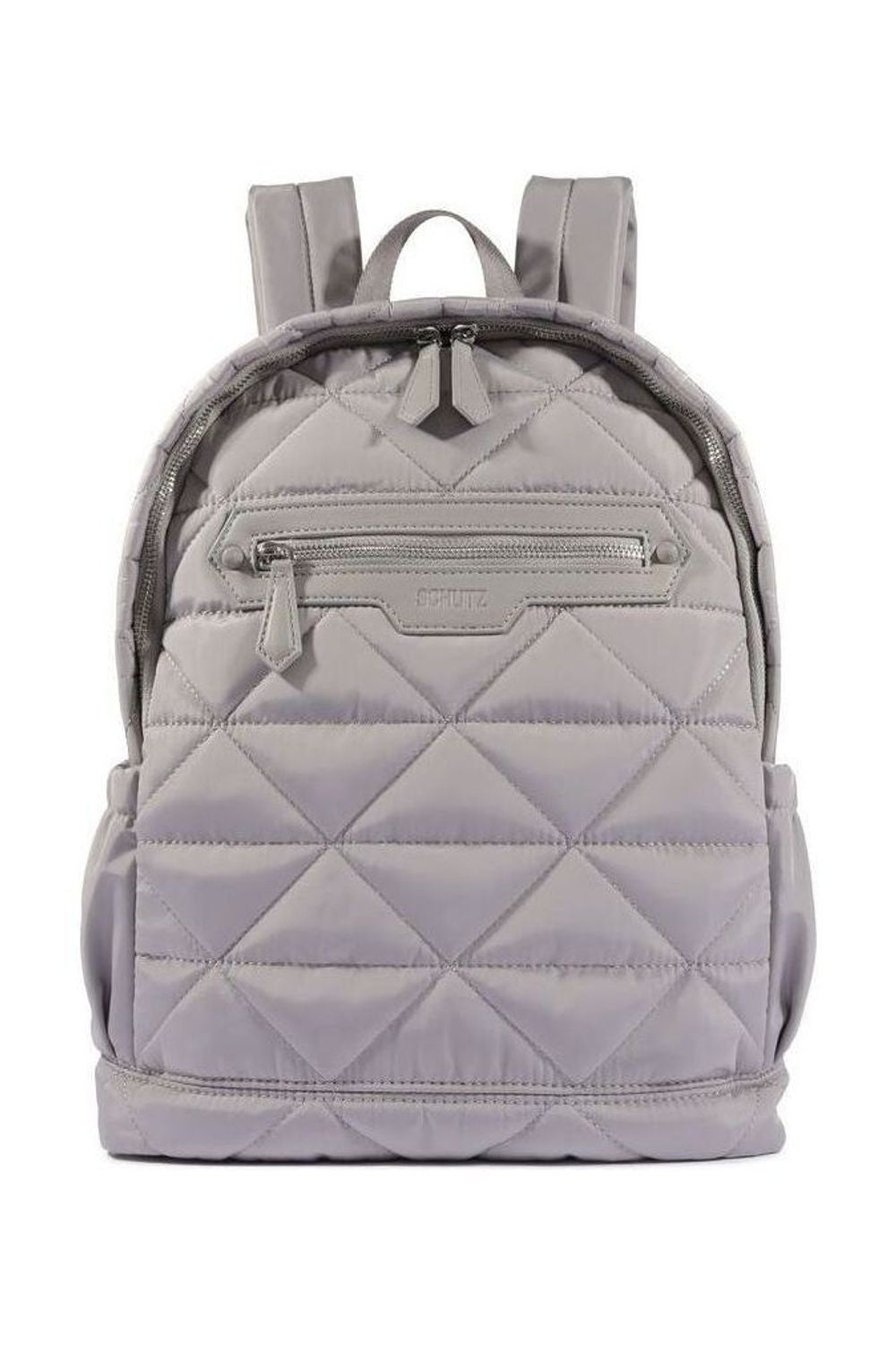 Mochila Schutz Grande Nylon Cinza matelassada com alça de mão, zíper frontal e bolsos laterais Imagem principal do produto