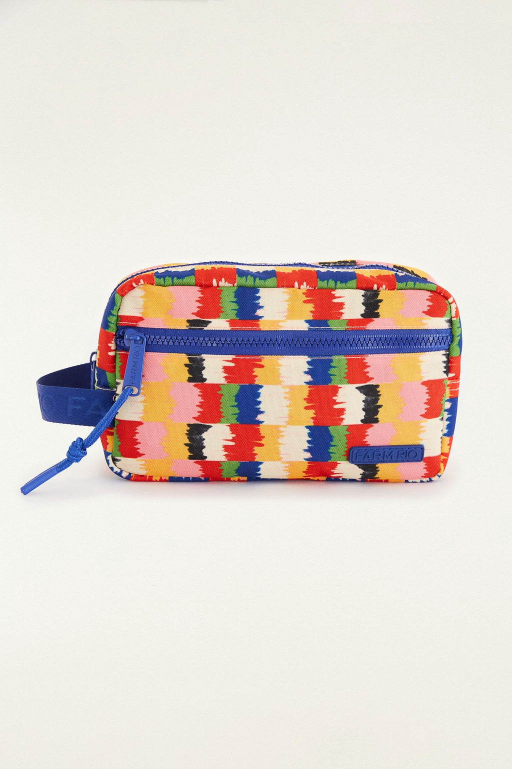 Necessaire Amo Bosque dos Pássaros Farm Etc estampada em listras coloridas, com zíper azul e alça de pulso