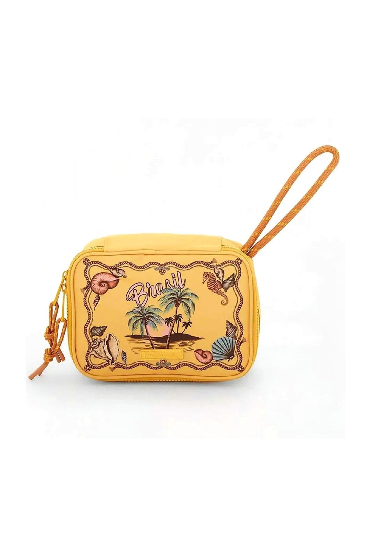 Necessaire Farm Xerô Praia Bahia Souveni amarela estampada com ilha e coqueiros, com alça de mão Imagem principal do produto