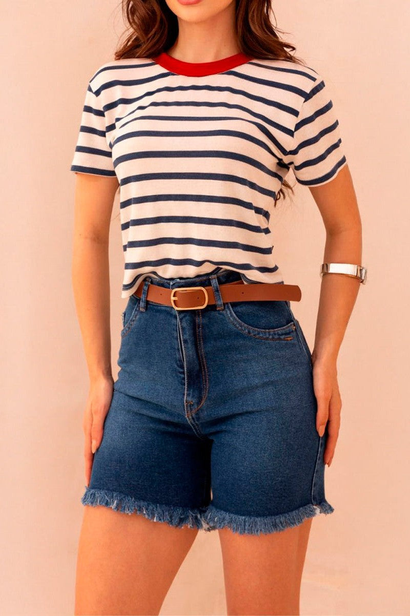 Bermuda jeans feminina BMF00015 Revanche frente, cintura média azul denim Imagem principal do produto