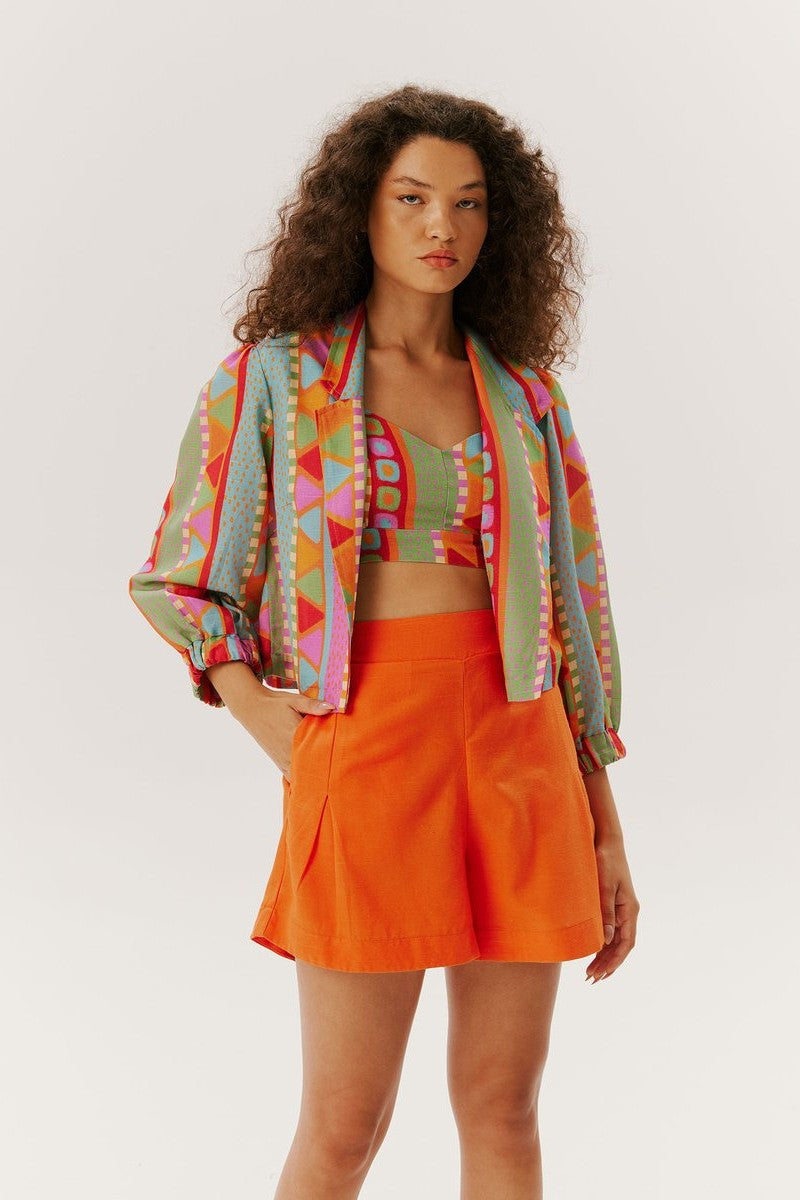 Blazer cropped azul claro manga 100769 Cacay feminino frontal