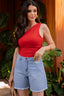Bermuda jeans denim azul frente Skenn, feminino com cintura alta